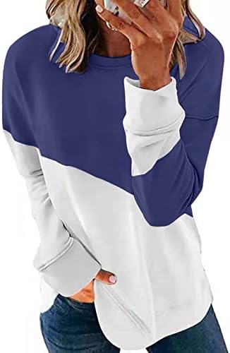 Camisa de bloco colorido de dois tons feminino casual blusa de pullover de pullover solto de manga longa de manga longa caem saindo tops