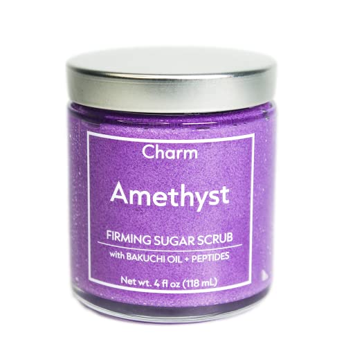 Charme Amethyst Firming Sugar Body Scrub com bakuchiol e peptídeos para a pele solta | Ingredientes veganos e naturais | Esfolia
