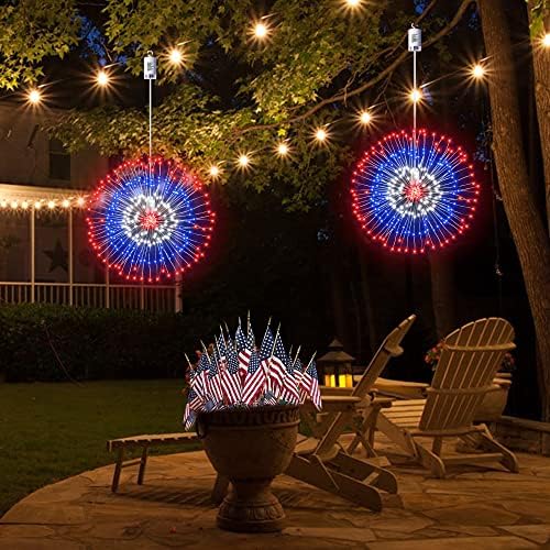 [Timer] 4 de julho Decorações 2 Pacote 400 Luzes de fogos de artifício patrióticos LED, 8 Modo de luz Red Branco azul de cobre Starburst