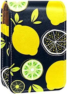 Suporte de batom de batom amarelo de limão de limão com espelho, bolsa de brilho labial portátil, kit de armazenamento cosmético de couro impermeável para bolsa para bolsa