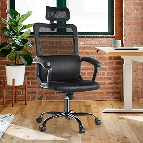 Cadeira de mesa, cadeira de escritório de malha ergonômica alta cadeira de computador com apoio de cabeça ajustável, suporte lombar, função de inclinação, rolamento giratório, cadeira de trabalho de ar -braço de braço suave