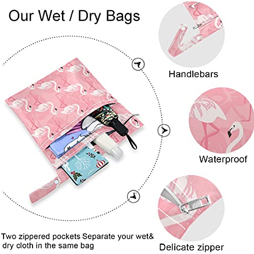 VISESUNNY 2PCS Saco molhado com bolsos com zíper rosa Flamingo lavável reutilizável para viajar, praia, piscina, creche, carrinho,