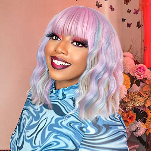 Descelas 14 Mulheres curtas onduladas peruca encaracolada arco -íris Bob Cosplay Halloween perucas sintéticas com peruca pura com tampa