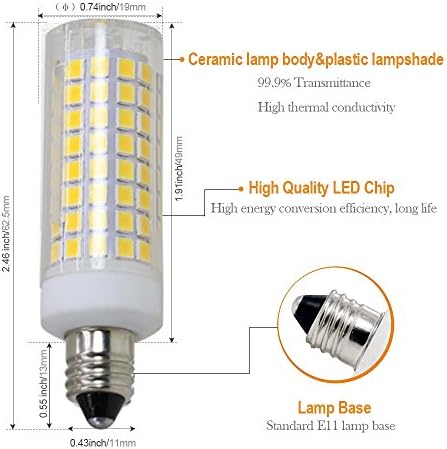 Yuyilight [4-Pack] E11 Bulbo LED, luzes de reposição de halogênio equivalentes a 90W, mini base de candelabros, 800 lúmens, 3000K branco quente, lâmpada AC110V/ 120V/ 130V, substitui a lâmpada T4/ T3 JD E11.