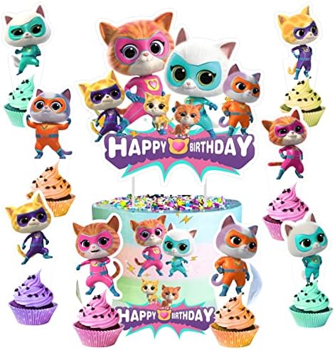 25pcs Super Kitties Decorações de bolos com cupistas de cupcakes de 24pcs Super Kitties, Topper de bolo de 1pcs para suprimentos de festa de aniversário de super gatinhos