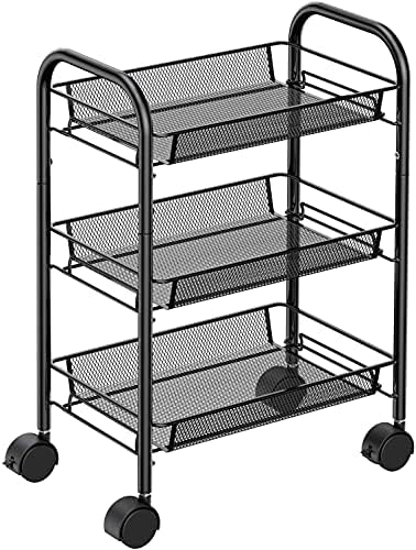 Carrinho de utilidade de armazenamento rolante de 3 camadas HTLT, organizador de carrinho de metal multifuncional com cesta de arame de malha em 2 rodas de trava para escritório de banheiro de cozinha, preto
