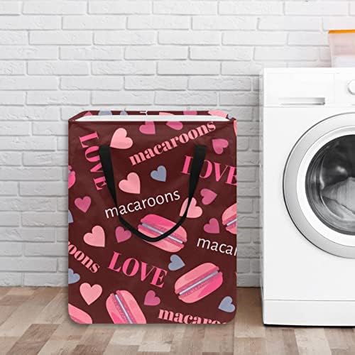 Macaroons rosa com corações cesto de lavanderia colapsível com corações, cestas de lavanderia à prova d'água 60l de lavagem de roupas de roupas de roupas para dormitório para o dormitório quarto do banheiro