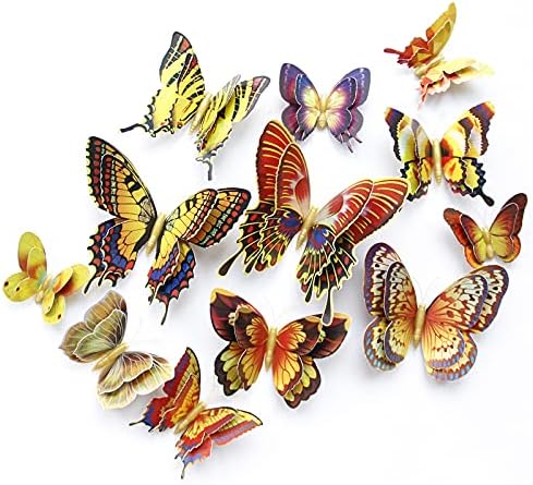 12pcs Duas Duas Decoração de Butterfly, decoração de parede de borboleta 3D, 4 tamanhos decoração de borboleta para doces casas de crianças decorações de festas de aniversário de borboleta