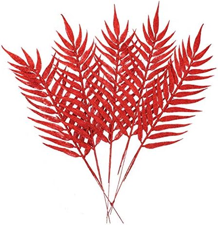 Nuobesty 5pcs folha de natal escolhe planta artificial folhas de folhas de folhas de folha de natal folhas brilhantes folhas de folhagem de natal hastes de folhagem artificial decoração de árvore de natal- vermelho