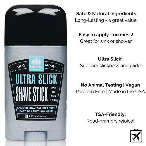 Pacific Shaving Company Ultra Slick Shave Stick - Fácil aplicação, sem bagunça, barbear liso e pele macia, amigável de TSA, todos
