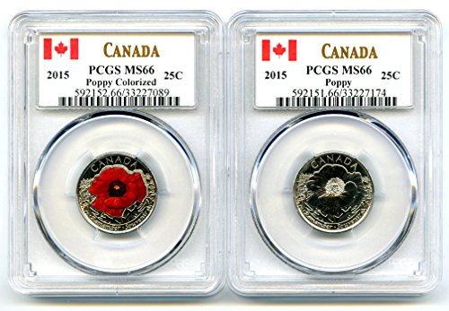 2015 Canada Poppy Flanders Fields Remembrance Two Couin Quarter Set PCGS Color e não-cor MS66