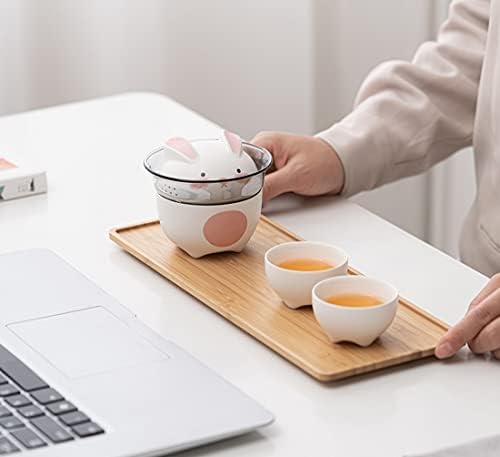 Tuchaca Mini Gaiwan Tea Conjunto, coelho de chá de coelho com bolsa portátil para viagens, bule de gongofu em cerâmica chinesa com 1 panela de vidro e 3 xícaras de cerâmica, tapete de chá. Use para o escritório em casa.