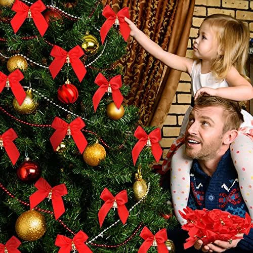 80 PCs Red Christmas Bows With Bells Mini Bowknot Ornament Xmas Mini Arcos para Crafts Home Decorações de Árvores de Natal pendurado Decoração Diy Scrapbooking Scrapbooking Presente de casamento