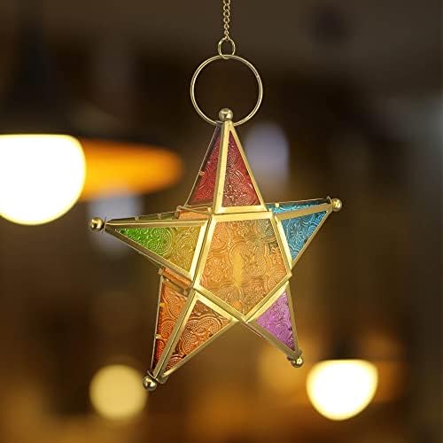 Portadores modernos de vela de arte de metal marrocos, estrela colorida vidro de Natal Holida de Natal Lanterna de Decoração