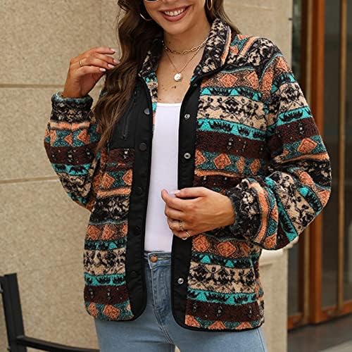 Oplxuo Mulheres de casacos de inverno sherpa jaqueta difusa vintage aztec imprimir padrão lapela de manga longa botão snap Outwear com bolsos