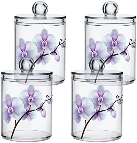 Yyzzh Flor Floral Print White and Purple Orchid Flower in Branch 4 Pacote Pacote QTIP Dispensador para algodão Swab