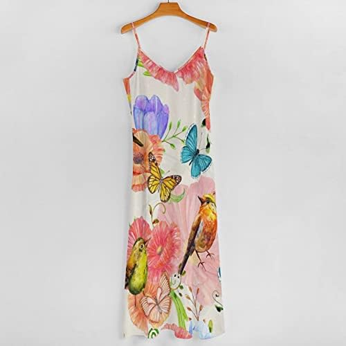 Flores de aquarela e pássaros vestido de verão feminino SunSpressos de decote em V Long Long