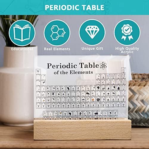 Megabox Tabela periódica de elementos com 83 elementos reais, exibição de tabela periódica acrílica com suporte de madeira,