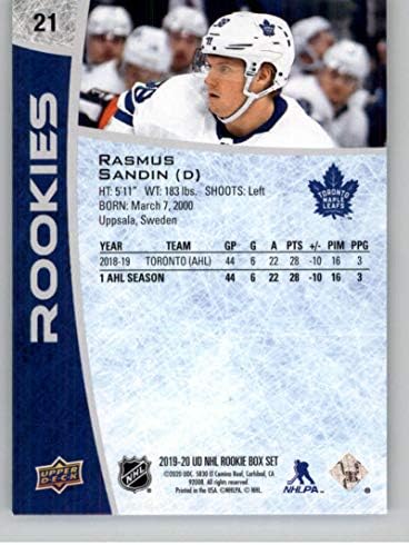 2019-20 Deck superior NHL Rookie Box Conjunto Hóquei 21 Rasmus Sandin Toronto Maple Leafs Cartão de estreia oficial da NHL do Upper