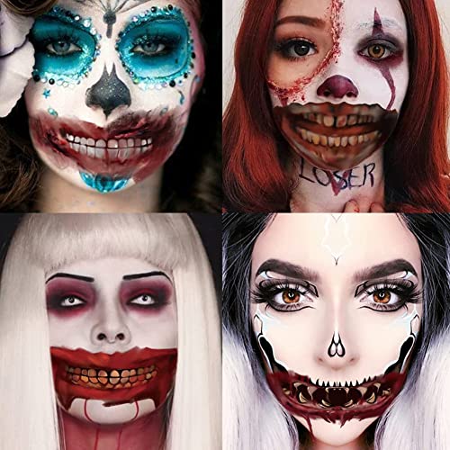 Tatuagem temporária de maquiagem de peças de halloween, folhas de 10pcs tatuagem temporária de halloween, scary big bouth face tattoos decalques kits brank adereços para partida de cosplay de máscaras de Halloween