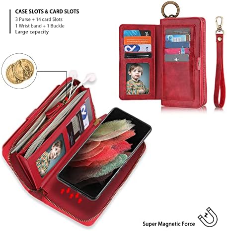 Nincyee Flip Case para Samsung Galaxy S23 Ultra, carteira de couro multifuncional, bolso com zíper, slot de cartão, caixa destacável magnética vermelho