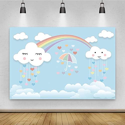 Laeacco desenho animado nuvem céu azul céu fundo 5x3ft fotografia vinly pano de fundo branco nuvem azul céu corações corações fofos smile rosto de arco -íris