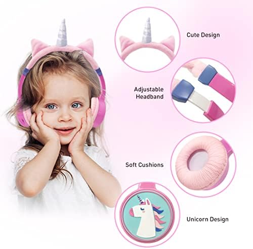Fones de ouvido Bluetooth Kids, som estéreo, slot para cartão SD e microfones de microfone Bluetooth 5.3 fones de ouvido sem fio, fio Aux 3,5 mm, fones de ouvido com lizes de volume de 85dB para meninas para iPad para iPad School School School