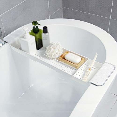 PZJ-Plastic Bath Bath Rack estendível bandeja de banho banheira banheira de banheira caddy telescópica drenagem banheira banheira de banho de banho de banheira Basinagem de armazenamento Branco/preto, branco