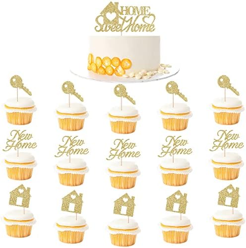 Kaoenla Sweet Home Cupcake Decoration-Golden Glitter 16 peças Desegonação de bolo de casa Decoração de casa Presentes de inauguração de casas Novo decoração de bolo de casa doce logotipo em casa