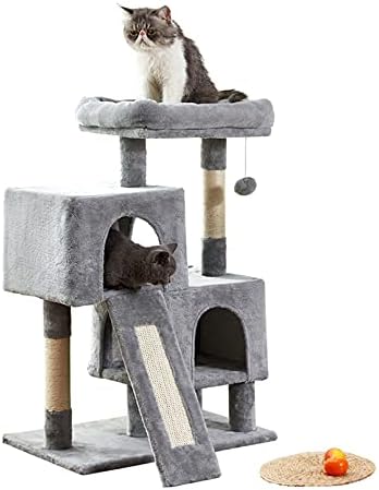Torre de gato, 34,4 polegadas de gato com tábua de arranhão, 2 condomínios de luxo, arranhões na árvore de gatos, resistentes e fáceis de montar, para gatinho, animal de estimação, atividade interna relaxando