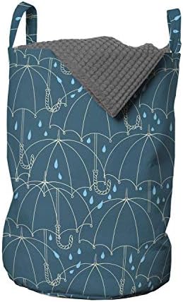 Bolsa de lavanderia de chuva de Ambesonne, guarda -chuvas de contorno de doodle como estampa de padrão de gotas de chuva, cesto de cesto com alças fechamento de cordas para lavanderias, 13 x 19, azul -azulado escuro e azul