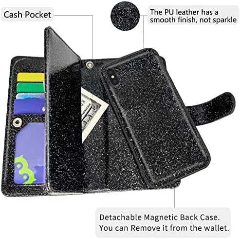 Modos Logicos Caso para iPhone XS max 6.5 , [Folio de carteira destacável] [armazenamento em dinheiro] [Slots de 9 cartas 1 janela de idiota] Glitter PU Leather Burse com caixa de TPU magnética interna removível - Black