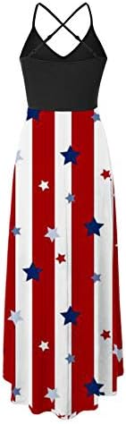 4 de julho Maxi Vestidos para mulheres de verão Casual Boho Dress USA Flag Scoop pescoço Cami sem mangas estrelas listras de listras