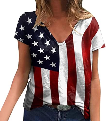 Camisetas de treino fofo Dia da independência para mulheres impressam camisas diárias de verão para tampas de pescoço feminino V American