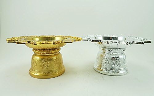13cm. Bandeja de estilo tradicional tailandês com pedestal para adoração do altar de Buda: prata e ouro