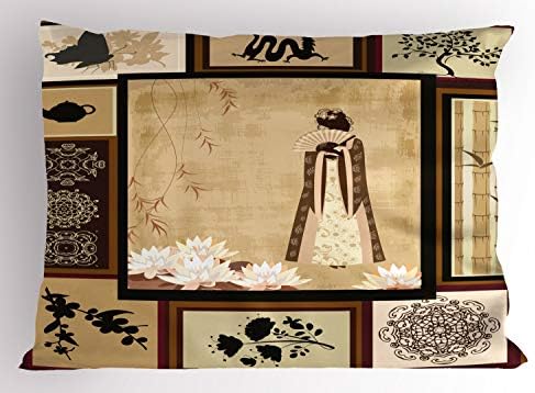 Ambesonne Japanese Pillow Sham, menina em vestidos tradicionais e padrões culturais Ornamentos de colagem oriental antiga, travesseiro