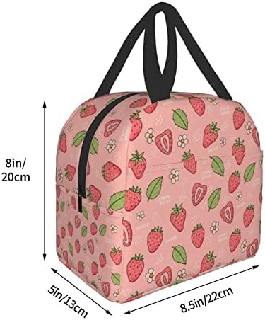 Senheol de morango rosa e folhas lancheiras impressas, lancheira de isolamento Kawaii, bolsas de almoço reutilizáveis ​​de
