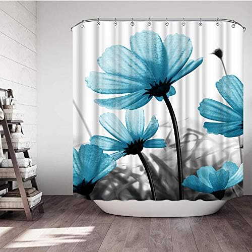 Corthome de tecido de tecido de poliéster Vividhome Conjunto com 12 ganchos 3D Cortina de chuveiro de flor azul branca para meninas decoração de banheiro