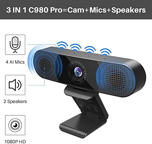 EMEET 3 em 1 1080p Webcam & USB Control Volume Noble Função de mudo de um clique C980 Pro webcam com microfone, 2 alto-falantes