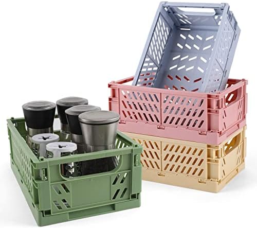 Cestas de plástico de 4 pacotes para armazenamento de prateleira organização, caixa de armazenamento dobrável durável e confiável, ideal