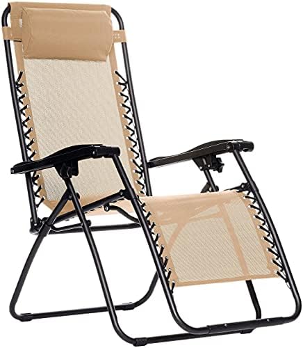 Basics Outdoor Textileno Ajuste a gravidade zero dobrável cadeira de lounge reclinável com travesseiro, bege, 31,5 d x 26 w x 33,9 h
