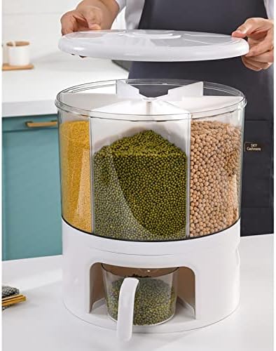 Dispensador de arroz rotativo de 6 grades ZJFSX, contêiner de armazenamento de arroz e grão de 22 libras, saída de arroz
