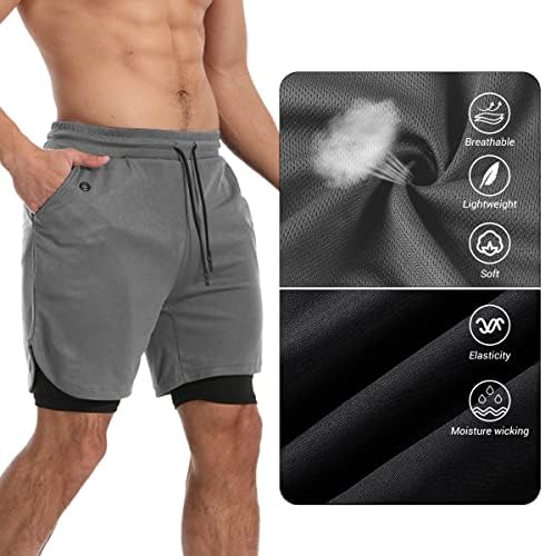 KLINNFENR Mens 2 em 1 academia de ginástica de 7 polegadas de roupas atléticas para homens para homens shorts de seco rápido com bolsos com zíper