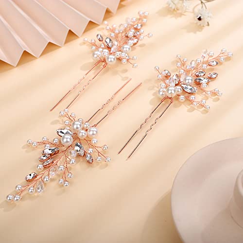 Teyglen Bride Wedding Crystal Pearls Hair Pins vintage Rose Gold Hair Pins Definir peças de cabelo de strass de noiva