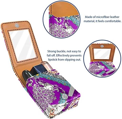 Mini maquiagem de Oryuekan com espelho, bolsa de embreagem Leatherette Lipstick Case, vintage de leopardo barroco roxo