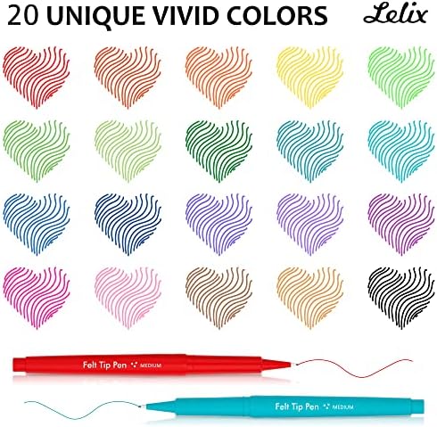 Lelix 20 Cores Felta canetas de ponta, canetas de feltro de ponto médio, canetas de marcadores de cores variadas para diário,