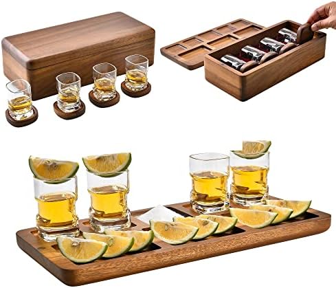 Tequila tiro de tiro com caixa de armazenamento de madeira de acácia de luxo, montanhas -russas de madeira e bandeja de servir