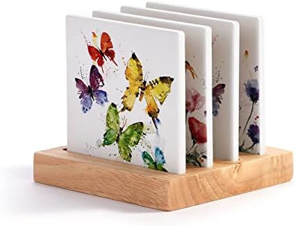 Demdaco Aquarela Butterfly e Coasters de cerâmica floral de 4,5 polegadas com conjunto de suporte de 4