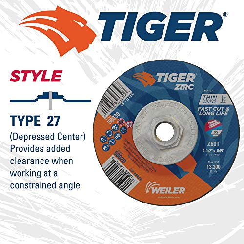Weiler 58030 4-1/2 x .045 Tiger Zirc Tipo 27 Roda de corte Z60T 5/8-11 UNC NUT, 4 1/2 dia
