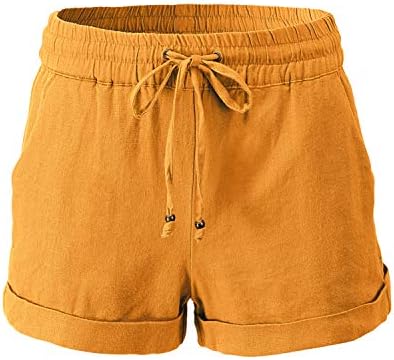 Shorts de linho femininos da Urban Daizy - Casa elástica de cintura elástica com bolsos puxados na praia de praia calça de bainha com algema
